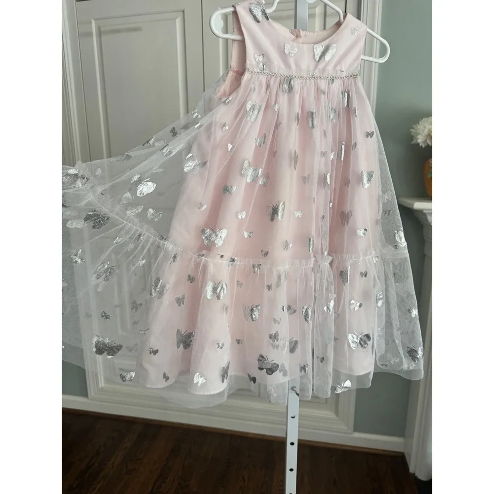 Mia & Mimi Girls Pink Tulle Butterfly Party Dress Silver Foil‎ Tiered 5T Easter